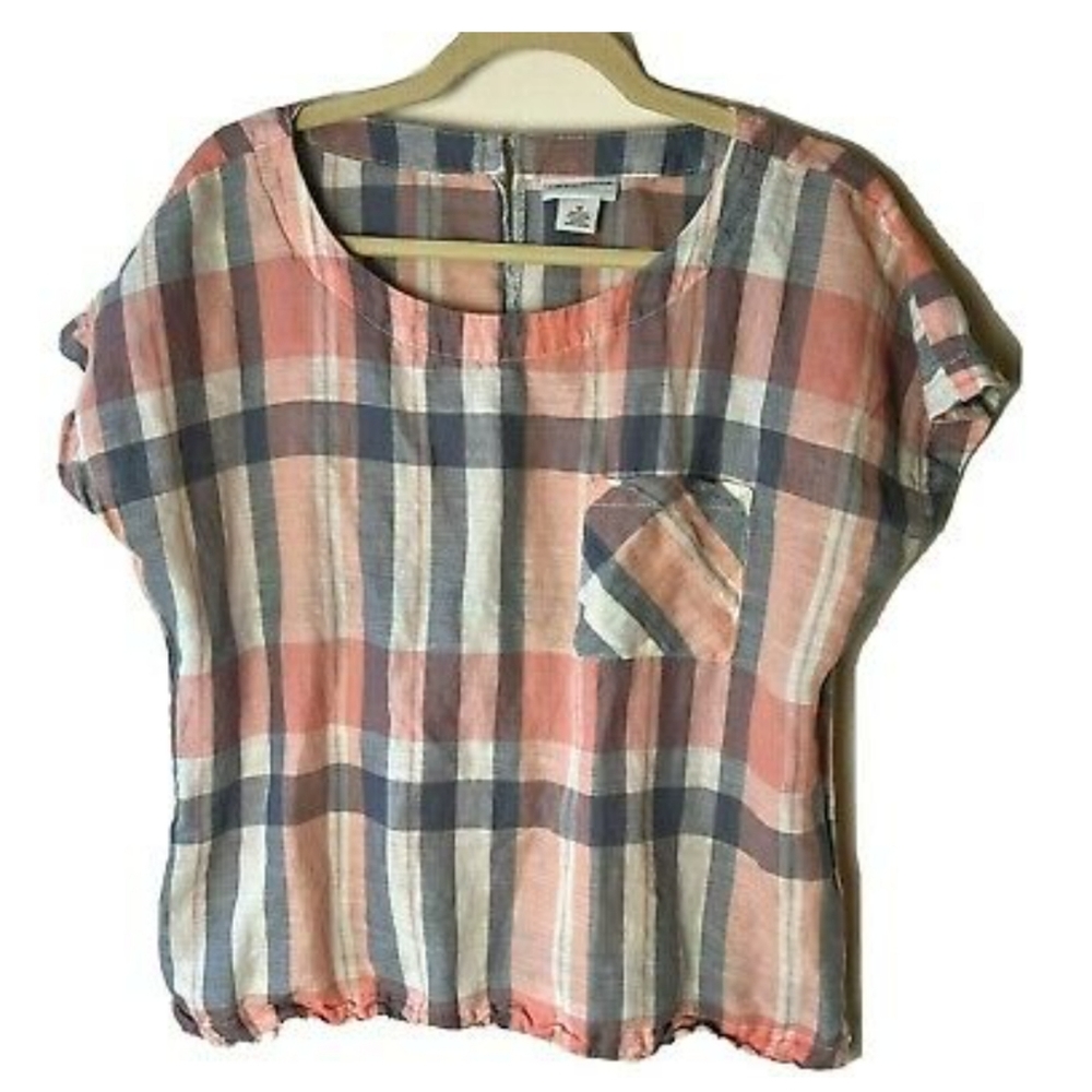 Neutral Check Print Linen Cotton Blend Gray White Peach Orange Top Size Large●